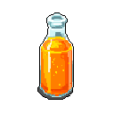 This pixel art depicts a tilted bottle filled with a vibrant orange liquid, reminiscent of a health potion or collectible item from a retro game. The clear glass and bubbly contents are rendered in detail against a stark black background.