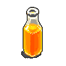 A glowing orange liquid fills a simple, angled glass bottle, presented in striking isometric pixel art. The vibrant, warm tones of the liquid contrast against a stark black backdrop, creating a captivating and isolated display.