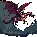 A fearsome pixel art dragon soars through a dark landscape, its wings spread wide as it carries a small rider on its back. The dragon's open mouth and dynamic pose evoke a sense of power and adventure in this retro-inspired fantasy scene.