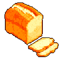 This pixel art presents a loaf of sliced white bread, its warm, inviting colors and simple design evoking a classic, game-like aesthetic. A few slices are fanned out, adding to the freshly baked feel of the loaf.