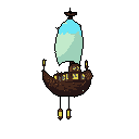 A whimsical pixel art airship, shaped like a crescent moon and adorned with a light blue sail, floats through a void. A tiny stick figure climbs the sail of the vessel, which is illuminated by warm yellow lights, hinting at a grand adventure in the darkness.