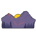 Three silhouetted mountains dominate this pixel art scene, their peaks framing a vibrant sun. A dense forest anchors the base, while a fiery glow hints at volcanic activity on one peak. The muted color palette creates a serene yet dramatic landscape.