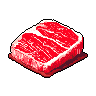 This pixel art image presents a raw, isometric cut of red meat, its vibrant reds and whites starkly contrasted against a black background. The simple, isolated composition emphasizes the texture and shape of the steak.