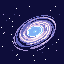This pixel art image captures the cosmic wonder of a swirling spiral galaxy, rendered in cool blues and purples. Its bright core and dynamic arms evoke a sense of motion and vastness. The artwork blends a retro aesthetic with a timeless feeling of awe.