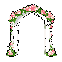 This pixel art image showcases a beautiful white wedding arch lavishly decorated with pink roses and lush green foliage. The symmetrical design and vibrant color palette evoke a sense of romance and celebration.