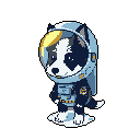 A pixel art Border Collie, dressed in a detailed astronaut suit, stands contemplatively on a snowy surface. This cute and whimsical image captures a sense of playful exploration with its charming canine cosmonaut.