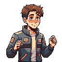This pixel art portrait captures a cheerful young man with brown hair and a blue-grey jacket, gesturing with enthusiasm. Patches adorn his sleeves and chest, adding detail to his friendly and approachable demeanor.