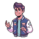 This pixel art portrait features a young man in a varsity jacket, mid-gesture and sporting a questioning expression, as if caught in conversation. The vibrant color palette and detailed rendering bring a sense of personality to this pixelated speaker.