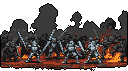 Five armored knights stand ready for battle, their swords raised amidst a fiery landscape. The pixel art evokes a sense of tension and danger after or during a fierce conflict.