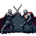 Two grey-armored knights clash swords in a dramatic duel, their red capes and armor details providing a striking contrast against the dark backdrop. The intense pixel art scene evokes a sense of historical combat.