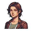 This pixel art portrait captures a confident young woman with a knowing smile. Her relaxed posture and warm, earthy color palette create a vibe of quiet approachability in a retro style.