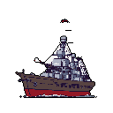 A pixelated warship cuts through the dark sea, its multi-tiered superstructure bristling with turrets and radar, evoking a sense of powerful, purposeful movement. The muted color palette and sharp details emphasize the vessel's military nature.