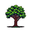 This pixel art image showcases a lush, stylized tree with vibrant green leaves and a sturdy brown trunk. The tree's detailed foliage and strong form are emphasized against a stark black background.