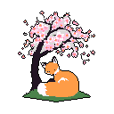 A serene pixel art piece shows a curled-up fox napping peacefully beneath a blossoming cherry tree against a stark background. The vibrant orange fox contrasts beautifully with the delicate pink blossoms, creating a tranquil and focused scene.