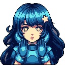 This pixel art portrait features a cute, anime-inspired girl with striking blue hair and eyes, her thoughtful expression framed by her hands. The cool-toned color palette and star accessory add a touch of whimsy to this charming character design.