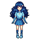 A charming pixel art image features a cute girl in a blue school uniform with magical, star-speckled dark blue hair. She gazes serenely forward with a gentle smile, creating a whimsical and dreamy vibe.