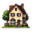 This pixel art showcases a charming two-story house with a red roof and warm beige facade, nestled amidst lush greenery. The cozy scene evokes a feeling of tranquility and peaceful domesticity.