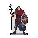 A stoic Viking warrior, rendered in detailed pixel art, stands ready with sword and shield, exuding strength and historical authenticity.
