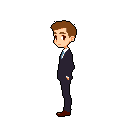 A pixel art figure in a dark suit stands in quiet contemplation, hands clasped behind his back. The muted colors and simple design evoke a sense of introspection.