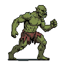This pixel art image features an aggressive, green-skinned orc/goblin creature lunging forward with a snarling expression. The dynamic pose and muted colors create a sense of menace and action.
