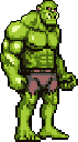 This pixel art portrays a formidable, green-skinned orc-like creature in a stance of raw power. The muted, earthy tones and grim expression evoke a sense of menace, making it a fitting fantasy antagonist.