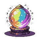 A mystical pixel art orb, swirling with vibrant colors and capped with a dark finial, rests atop an ornate, tiered pedestal. Floating particles enhance the orb's magical aura, creating a captivating image of contained energy and mystery.