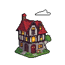 This pixel art showcases a charming, isometric medieval cottage with glowing windows, set against a stark black background. Red roofs, timber frames, and creeping foliage create a cozy and inviting atmosphere.