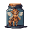 A wistful, fairy-like creature is trapped inside a glass jar, holding a tiny bucket and gazing out with a melancholic expression. The pixel art style and muted colors evoke a sense of fantastical nostalgia and quiet confinement.