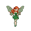 A whimsical, 8-bit style fairy sprite takes flight against a stark black background, her auburn hair and leaf-like dress hinting at a magical, earthy origin. With a neutral expression and sage green wings, the enchanting character evokes a sense of nostalgia and fantasy.