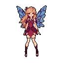 This pixel art showcases a delicate fairy with muted blue wings against a stark black backdrop. Her gentle expression and flowing brown hair evoke a sense of quiet magic.