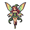 A pixelated fairy, adorned in leaves and with delicate, translucent wings, is captured mid-flight against a simple backdrop. The earthy color palette and gentle expression evoke a sense of natural magic and whimsical movement.