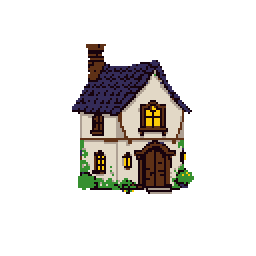 A cozy, two-story pixel art house glows warmly against a dark background, with a purple roof, tan walls, and inviting yellow light spilling from its windows. Green foliage accents the base, adding a touch of nature to this peaceful, secluded home.