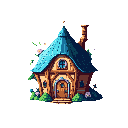 This pixel art showcases a charming, light blue-roofed cottage with inviting brown walls and pixelated greenery. The whimsical dwelling, complete with a chimney and rounded door, evokes a sense of peacefulness.