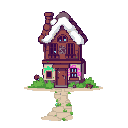 This pixel art showcases a slightly dilapidated, two-story house with snow-dusted roof and whimsical graffiti. A festive wreath adorns the front, hinting at stories within its weathered walls.
