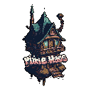 This pixel art showcases a whimsical, multi-tiered house, the "Pine Haus," floating above stylized roots. Its muted color palette and fantastical details create a slightly mysterious, fairytale-like vibe.