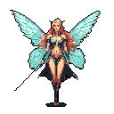 A confident, winged fairy warrior is depicted in pixel art, poised and ready with a slender weapon. Her ethereal blue and white wings contrast with her earth-toned attire, creating a striking fantasy character.