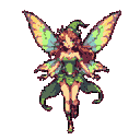 A whimsical pixel art fairy sprite takes flight, its earthy tones and muted greens contrasting with the pastel vibrancy of its wings. The figure's gentle expression and dynamic pose create a charming, fantastical image.