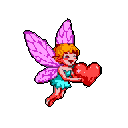 A cheerful, pixelated fairy-like creature joyfully presents a bright red heart, its outstretched wings suggesting flight. The vibrant color palette and dynamic pose create a cute and innocent vibe.
