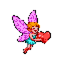 A pixelated cupid figure soars with a vibrant red heart, its pink wings fluttering against a teal backdrop. The cheerful cherub, with closed eyes and a sweet smile, embodies love and affection in this charming, nostalgic artwork.