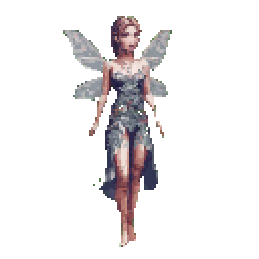 This pixel art features a serene fairy with delicate, translucent wings, rendered in soft grays, lavender, and pink. She stands barefoot in a relaxed pose, her intricate dress adding to the ethereal beauty of the piece.