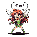 This pixel art fairy bursts with joy, arms outstretched and a cheerful "fun!" speech bubble above, radiating playful energy. The character's vibrant design and dynamic pose create an instantly engaging image.