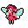 A whimsical pixel art fairy with red hair and cyan wings stands poised against a stark black background, its simple design radiating a cute and charming fantasy vibe.
