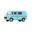 This pixel art image showcases a charming, light blue van in a simple, retro style. The side-view perspective and limited color palette create a nostalgic and visually appealing design.