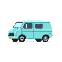 This pixel art showcases a charming, light blue vintage van rendered in a simple, nostalgic style. Details like the yellow headlights and dark gray wheels add character to the boxy vehicle.