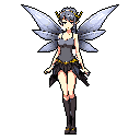 A serene pixel art fairy with intricate wings stands peacefully against a stark background, radiating tranquility and a touch of mystery. Muted tones are accented with subtle gold details, highlighting the character's ethereal elegance.