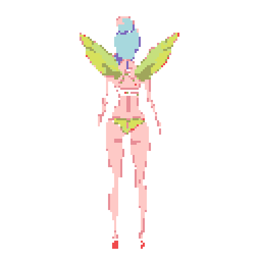 A pixel art image showcases a winged woman from behind, clad in a yellow-green swimsuit. Her light blue hair contrasts with the solid red backdrop, creating a simple yet evocative fantasy scene.
