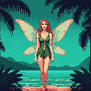 A pixelated fairy woman in a leafy green outfit stands on a beach with teal sea and sky, her translucent wings spread wide. The artwork evokes a serene and slightly nostalgic mood.