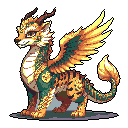 This pixel art showcases a watchful, mythical creature with a regal air, rendered in warm golds, oranges, and teals. Intricate details define its scales and feathered wings, creating a sense of fantasy and intrigue.