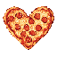 This pixel art image features a charming, heart-shaped pizza rendered in warm, inviting tones. The cute and whimsical design combines the love of pizza with the symbol of affection for a playful and endearing image. The pizza stands out against a plain black background.