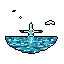 A solitary, pixelated boat drifts calmly on rippling water under a vast, dark night sky punctuated by a single star. The minimalist, cool-toned artwork evokes a sense of quiet solitude and peaceful isolation.